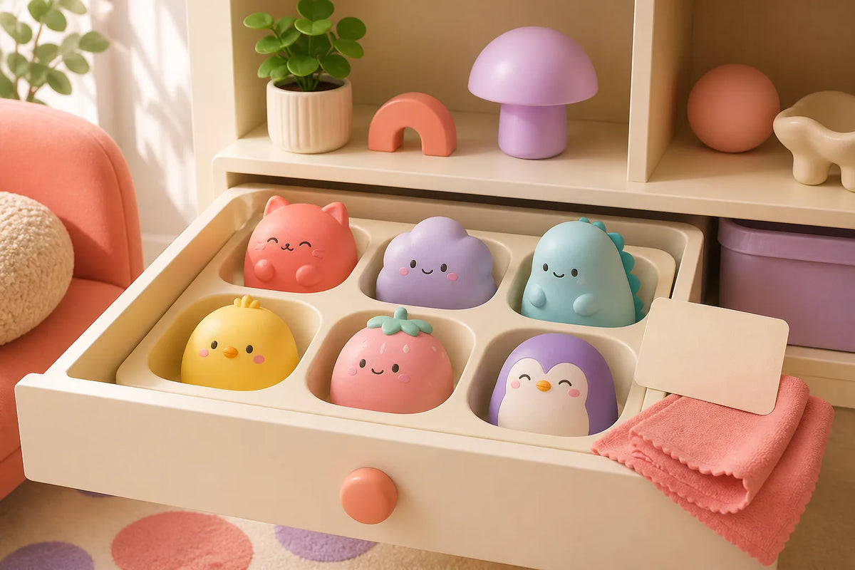 Ssquishy editorial illustration of Squishy toys stored in separate labelled compartments