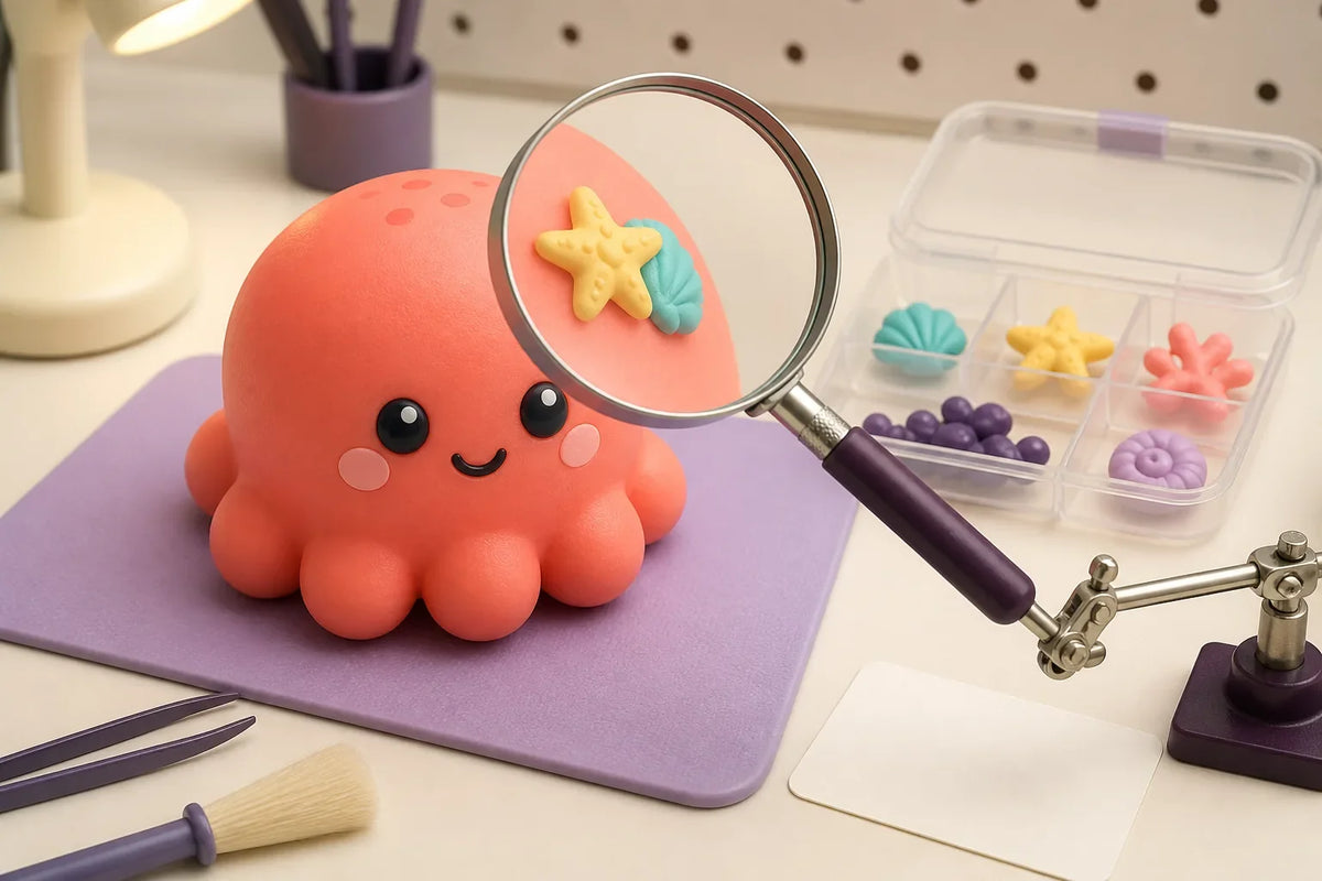 Ssquishy mascot checking a Squishy toy label and small-parts warning with a magnifying glass