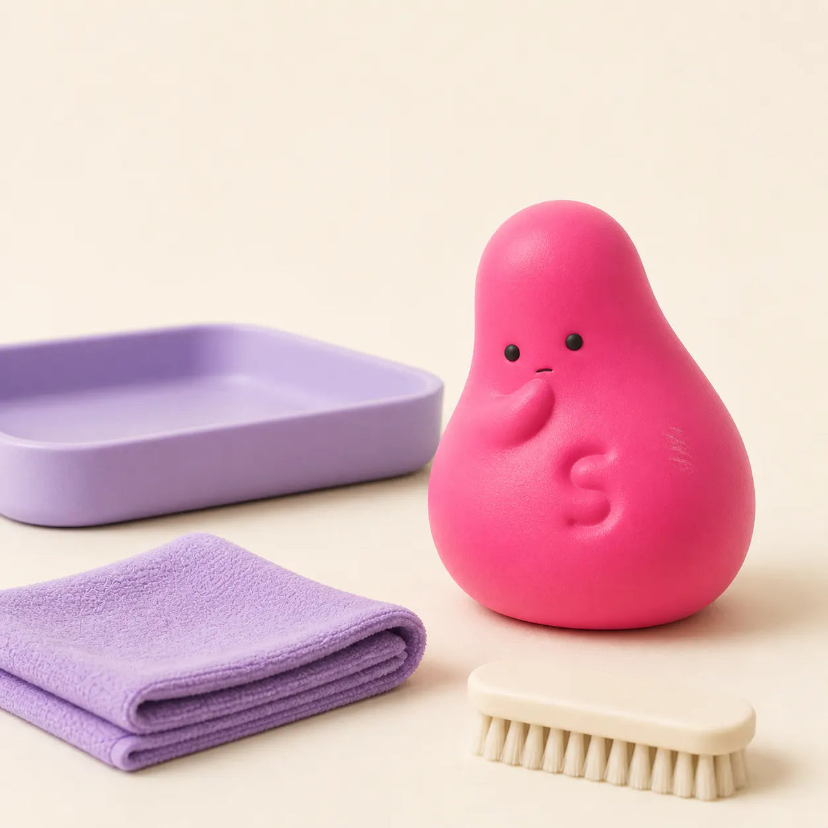 Ssquishy mascot inspecting a small surface scuff beside a dry cloth and soft brush