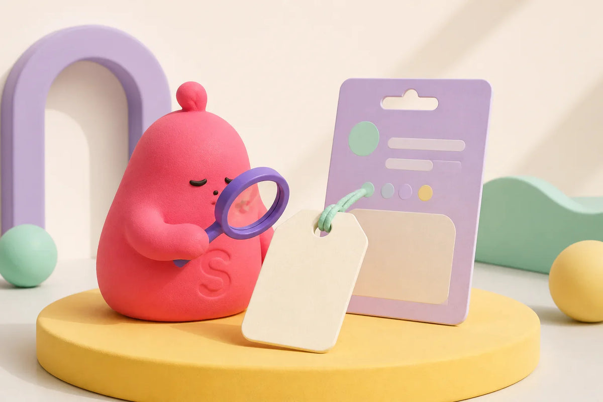 Ssquishy mascot examining a blank toy hangtag with a magnifying glass