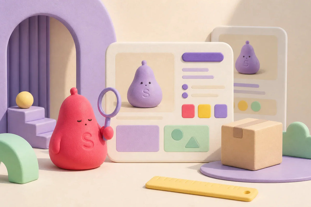 Ssquishy mascot checking an abstract toy listing with a magnifying glass