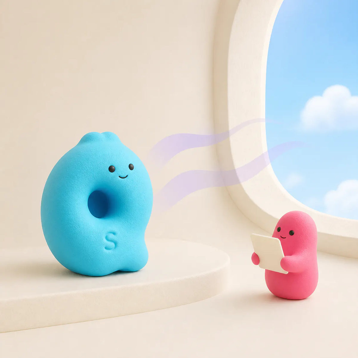Ssquishy mascots observing neutral airflow near an open window