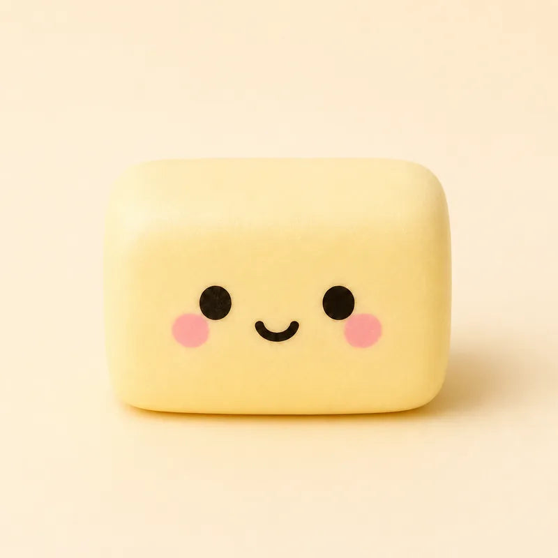 A pale yellow butter squishy with a smiling face on a cream background