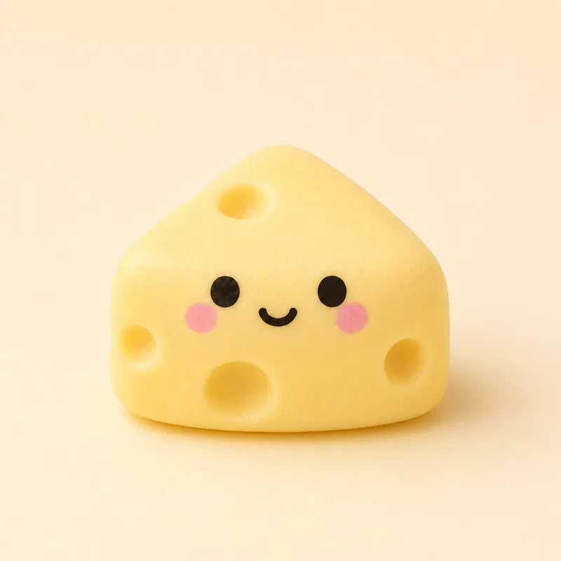 A yellow cheese wedge squishy with holes and a smiling face