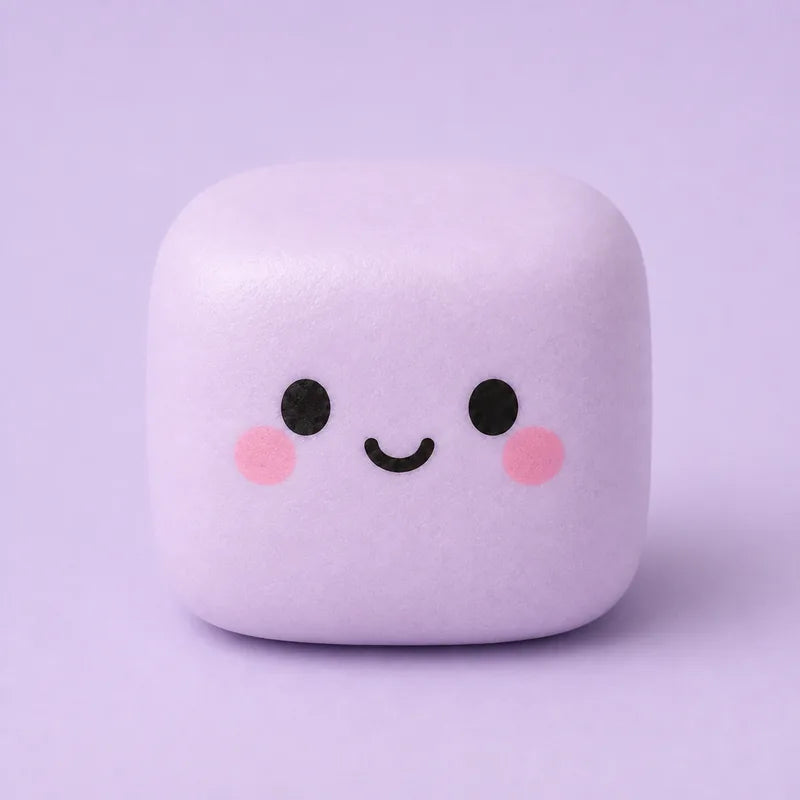 A large lilac cube squishy with a smiling face on a lavender background