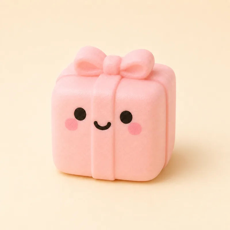 A pink gift box squishy with a bow and a smiling face