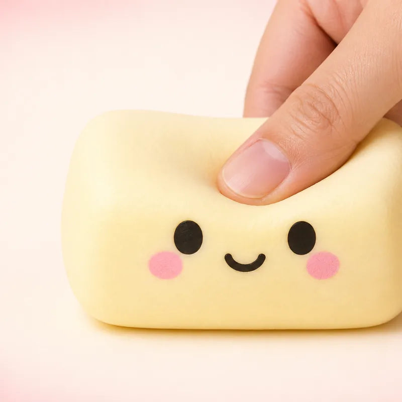 A pale yellow butter squishy compressed under a fingertip, showing slow rise