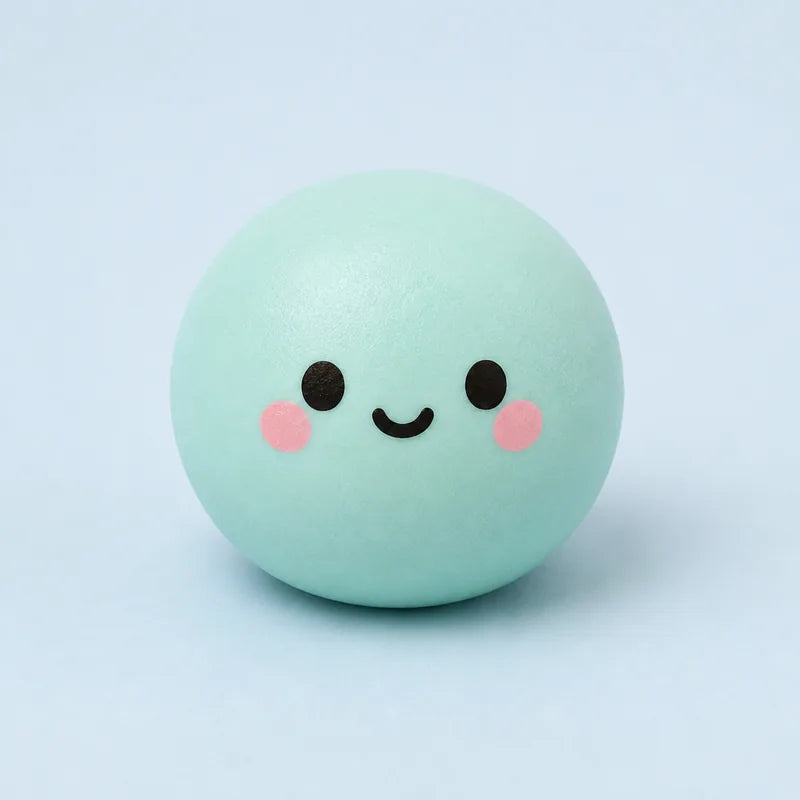 A mint green squeeze ball squishy with a smiling face