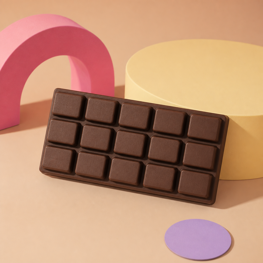Chocolate Bar Slow-Rise Squishy in a pink, yellow and lilac campaign set
