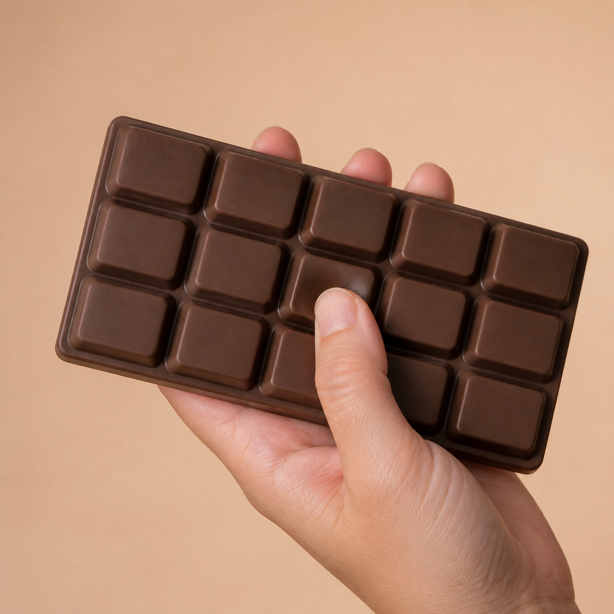 Hand pressing a segment on the Chocolate Bar Slow-Rise Squishy