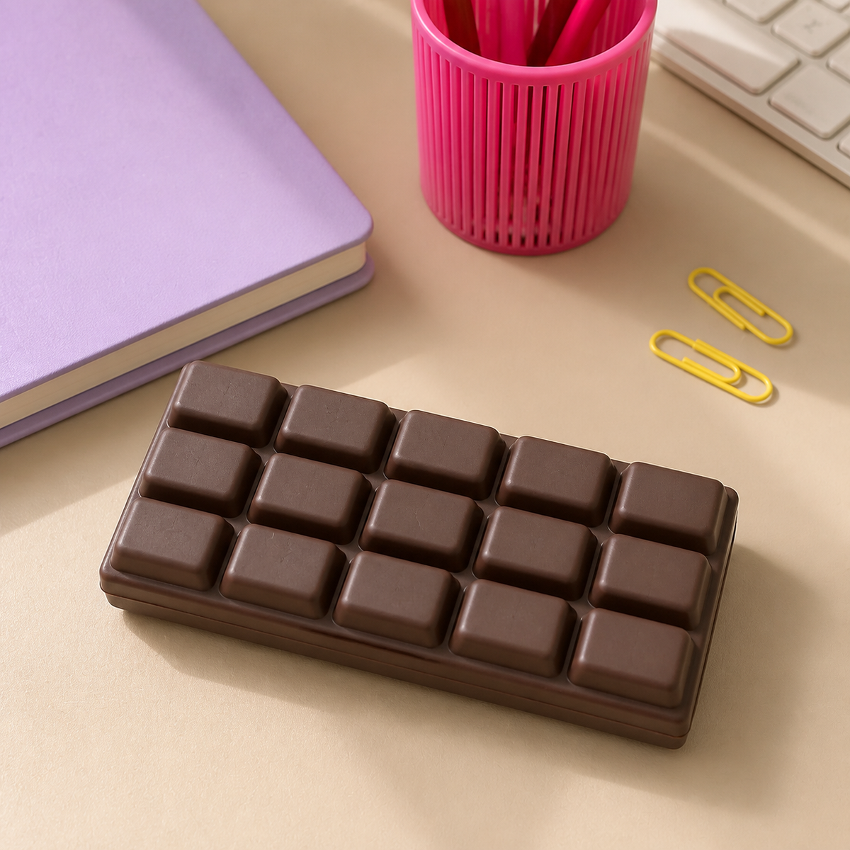 Chocolate Bar Slow-Rise Squishy on a desk beside a lilac notebook and stationery