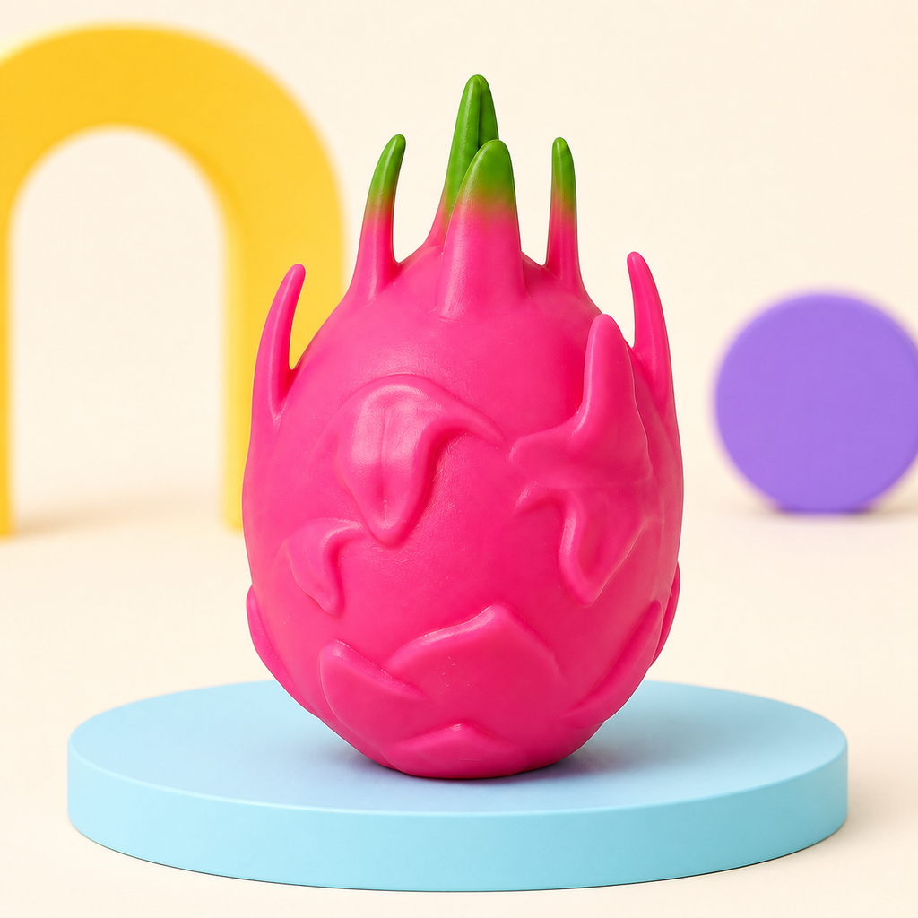 Pink dragon fruit squeeze ball on a blue pedestal with yellow and purple shapes