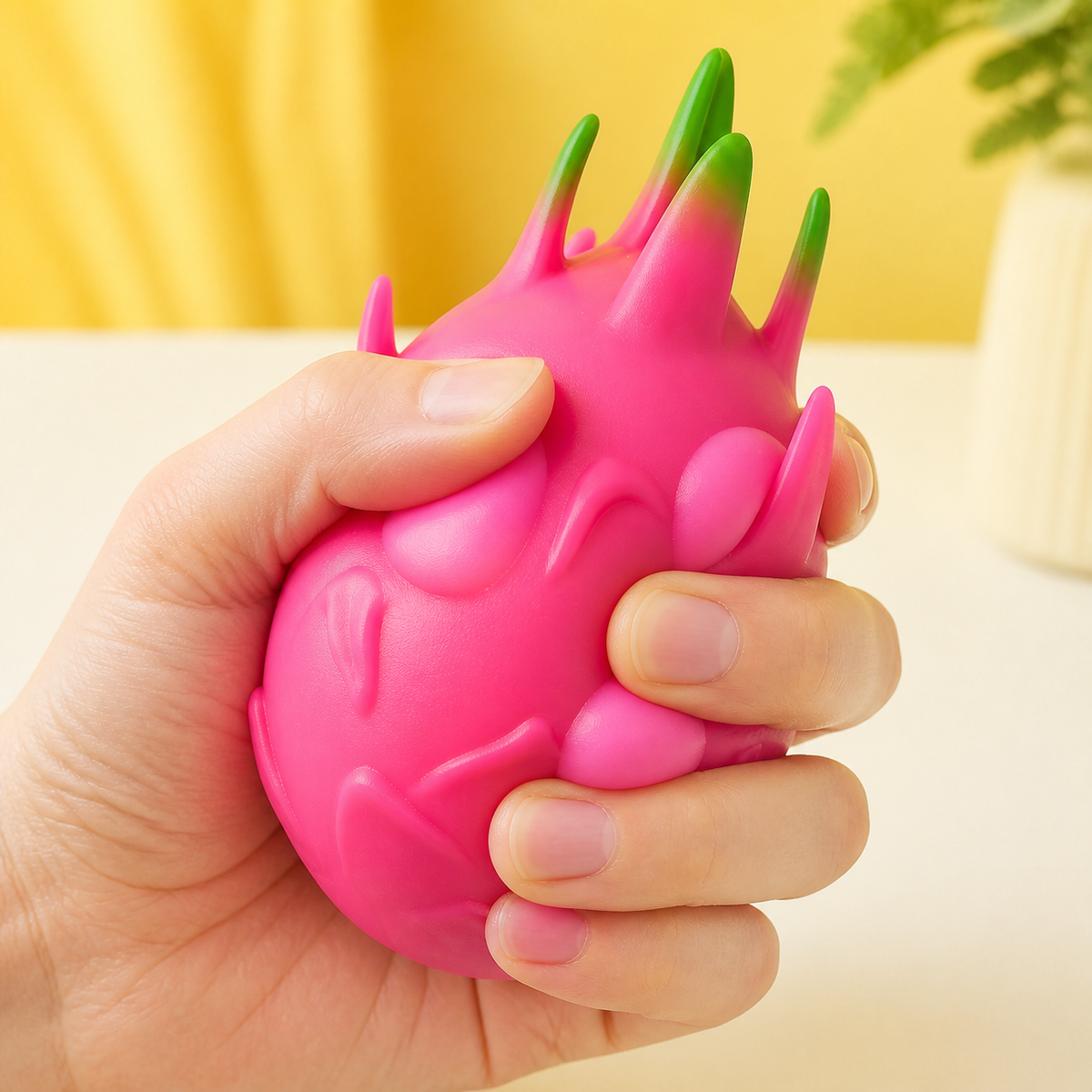 Hand squeezing the pink dragon fruit ball with green-tipped fins