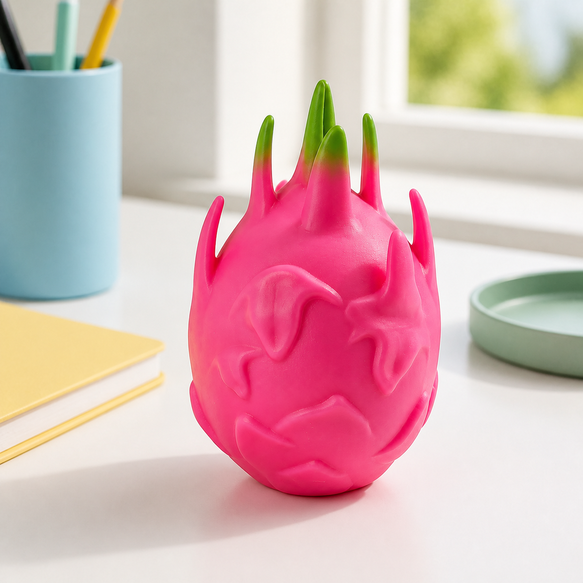 Pink dragon fruit squeeze ball on a sunlit desk with pastel stationery