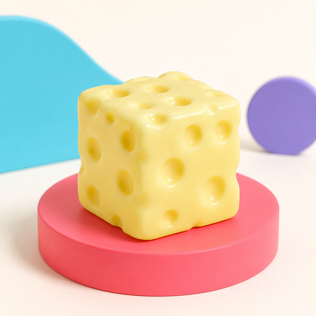 Pale yellow cheese cube squishy on a pink pedestal with blue and purple shapes