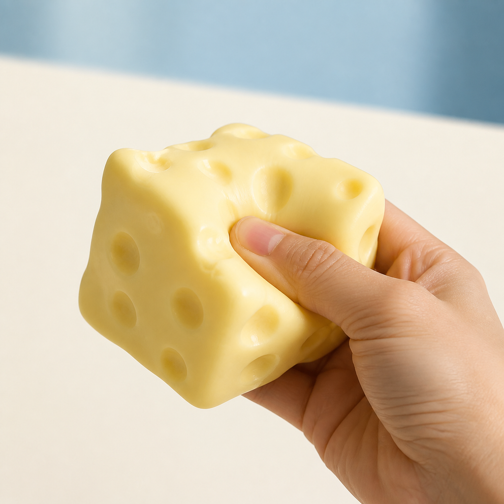 Hand squeezing a pale yellow cheese cube squishy