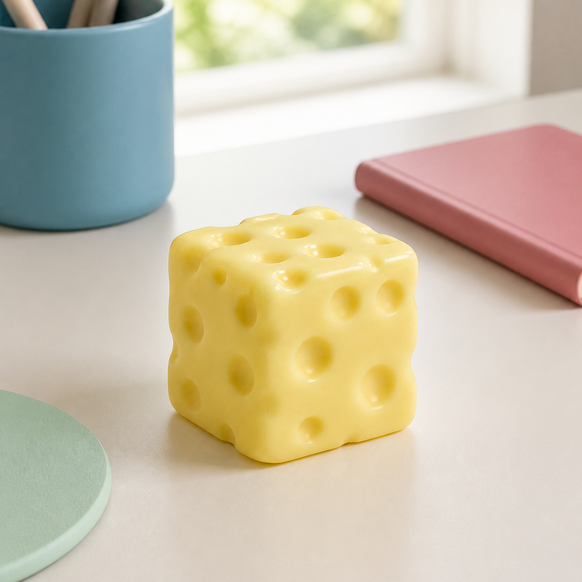 Pale yellow cheese cube squishy on a sunlit desk with pastel stationery