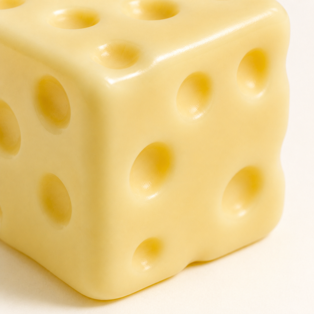 Close-up of the rounded holes and soft edges of the pale yellow cheese cube squishy