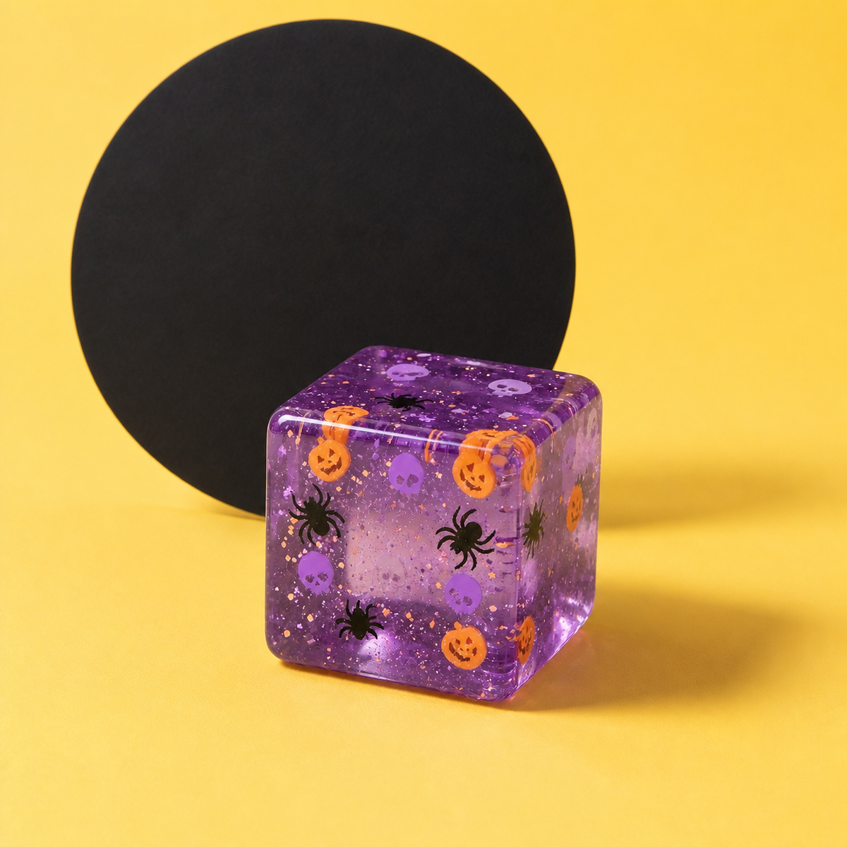 Halloween Character Cube Squishy on a branded yellow campaign set
