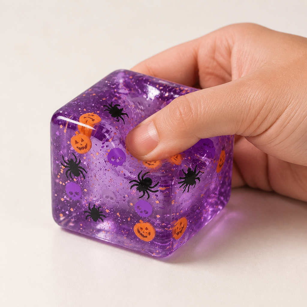 Hand gently pressing the Halloween Character Cube Squishy
