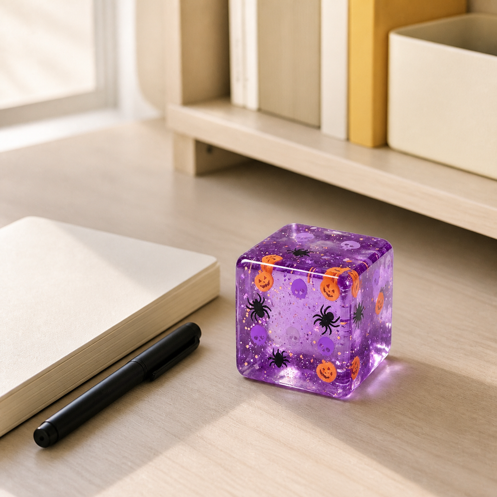 Halloween Character Cube Squishy on a study desk