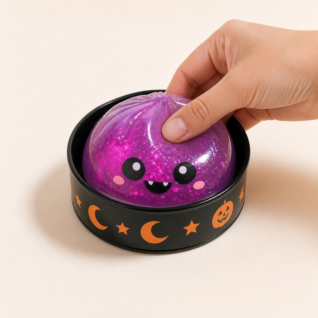 Hand gently pressing the Halloween Mystery Dumpling Squishy