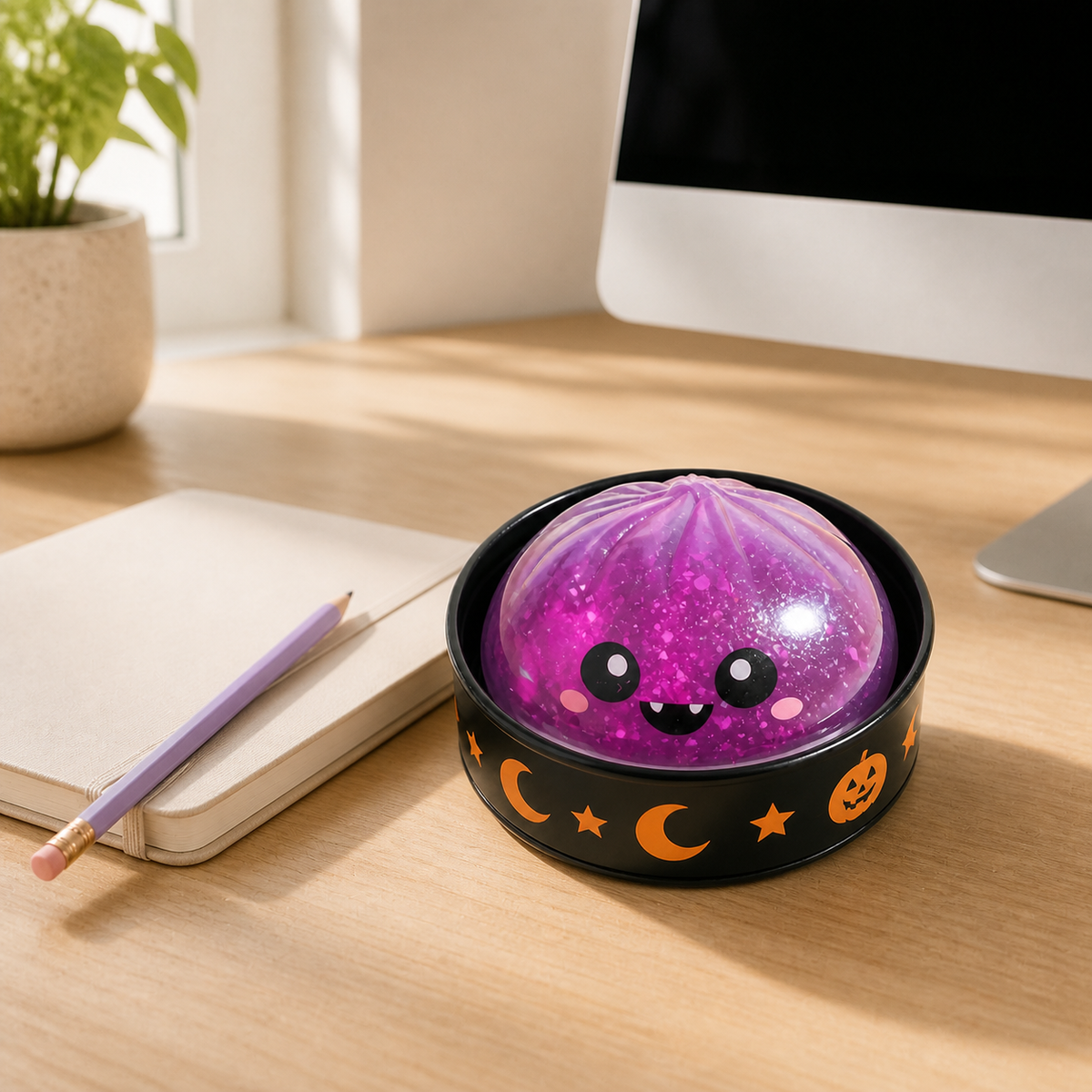 Halloween Mystery Dumpling Squishy on a study desk