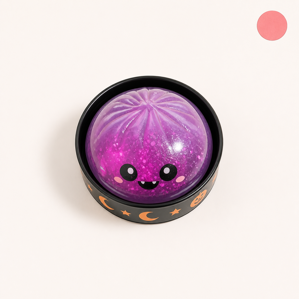 Top view of the Halloween Mystery Dumpling Squishy and decorated case
