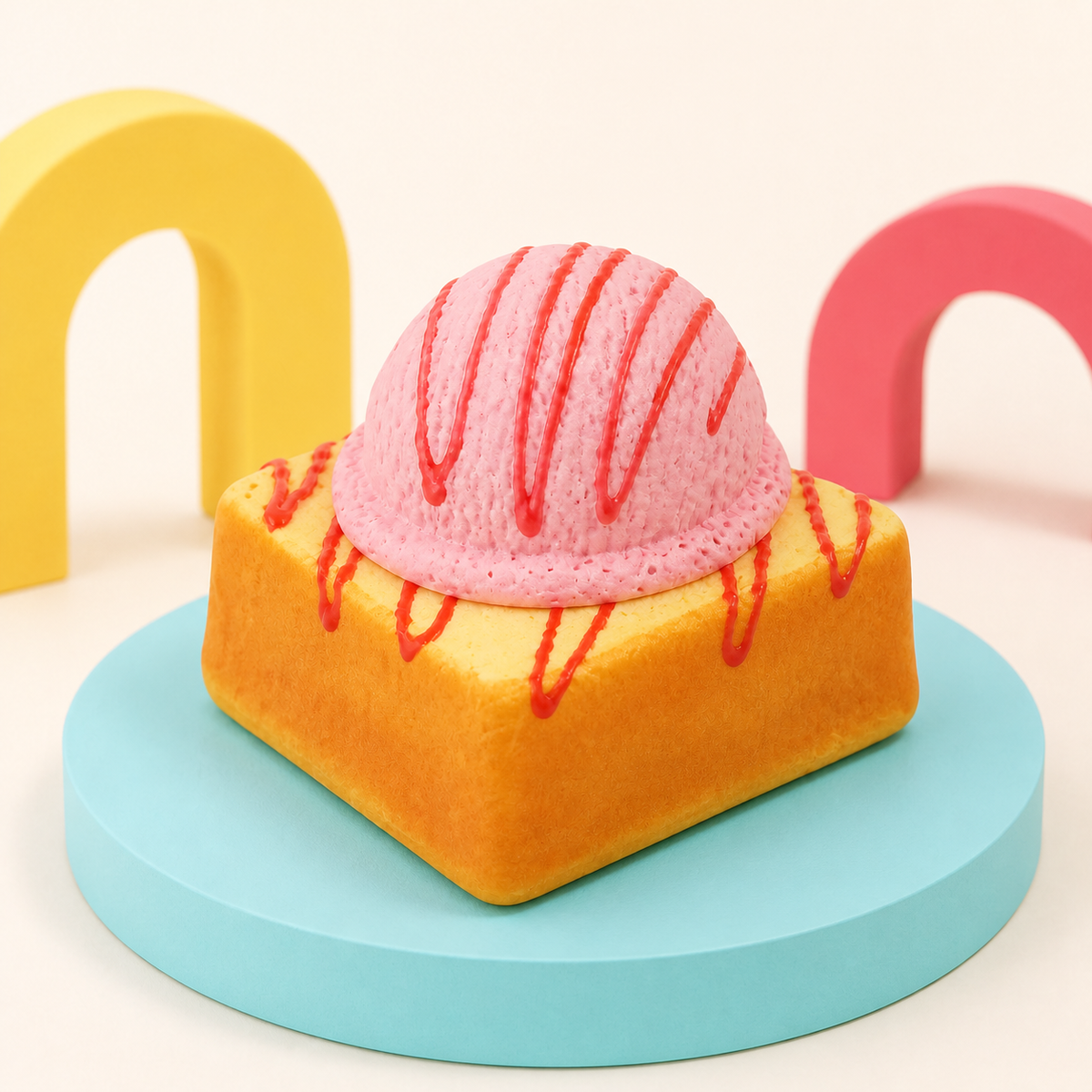 Pink ice cream toast squishy on a blue pedestal with yellow and pink arches