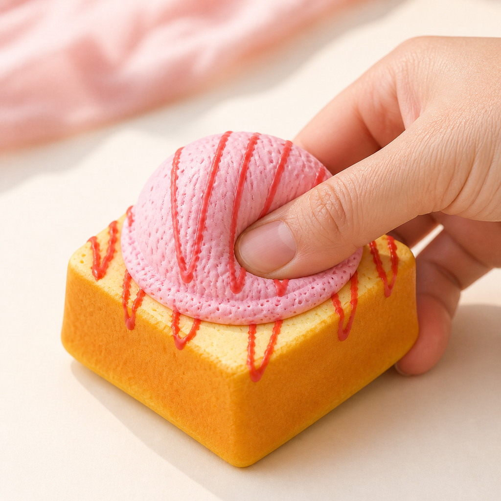 Hand pressing the pink scoop on an ice cream toast squishy