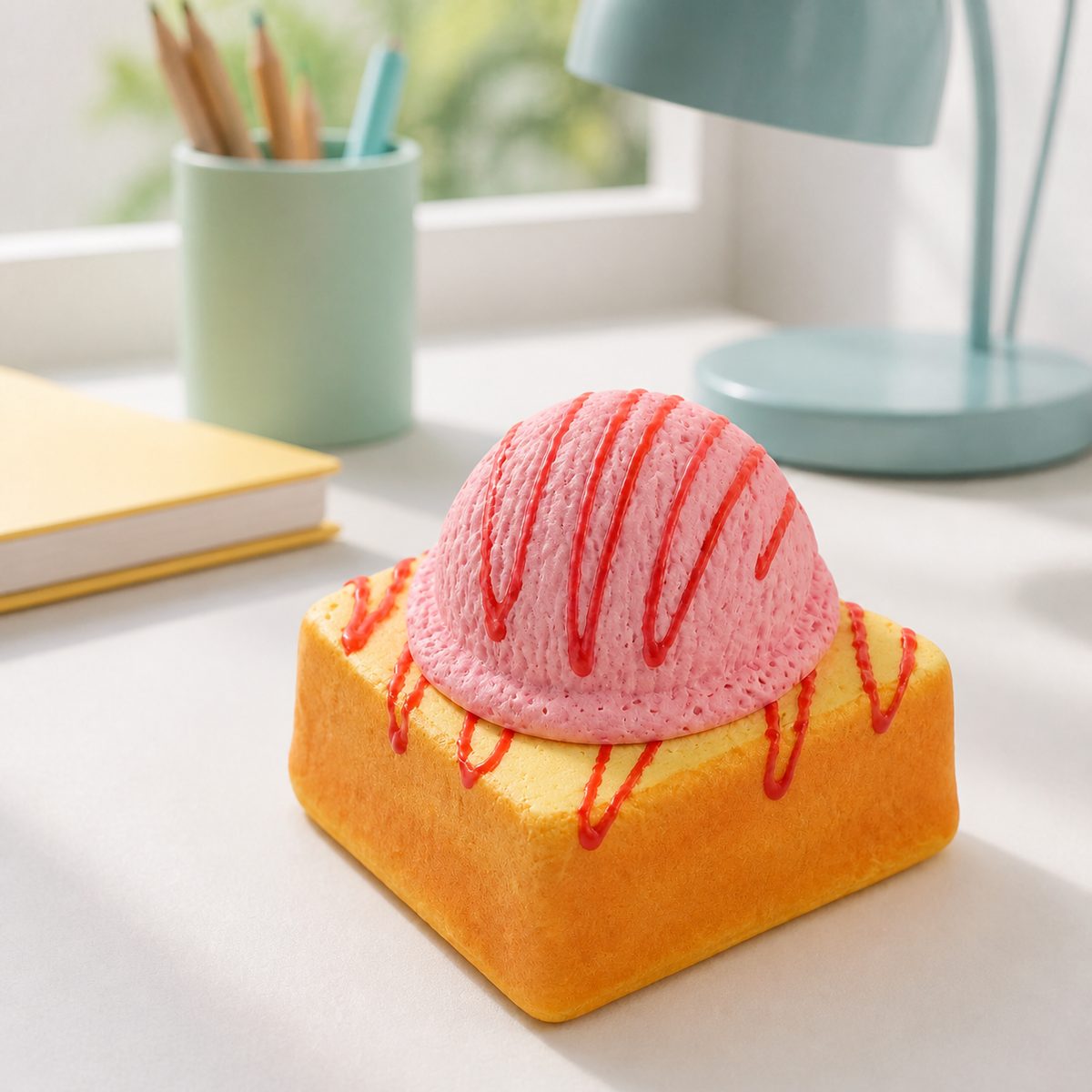 Pink ice cream toast squishy on a bright desk with pastel stationery