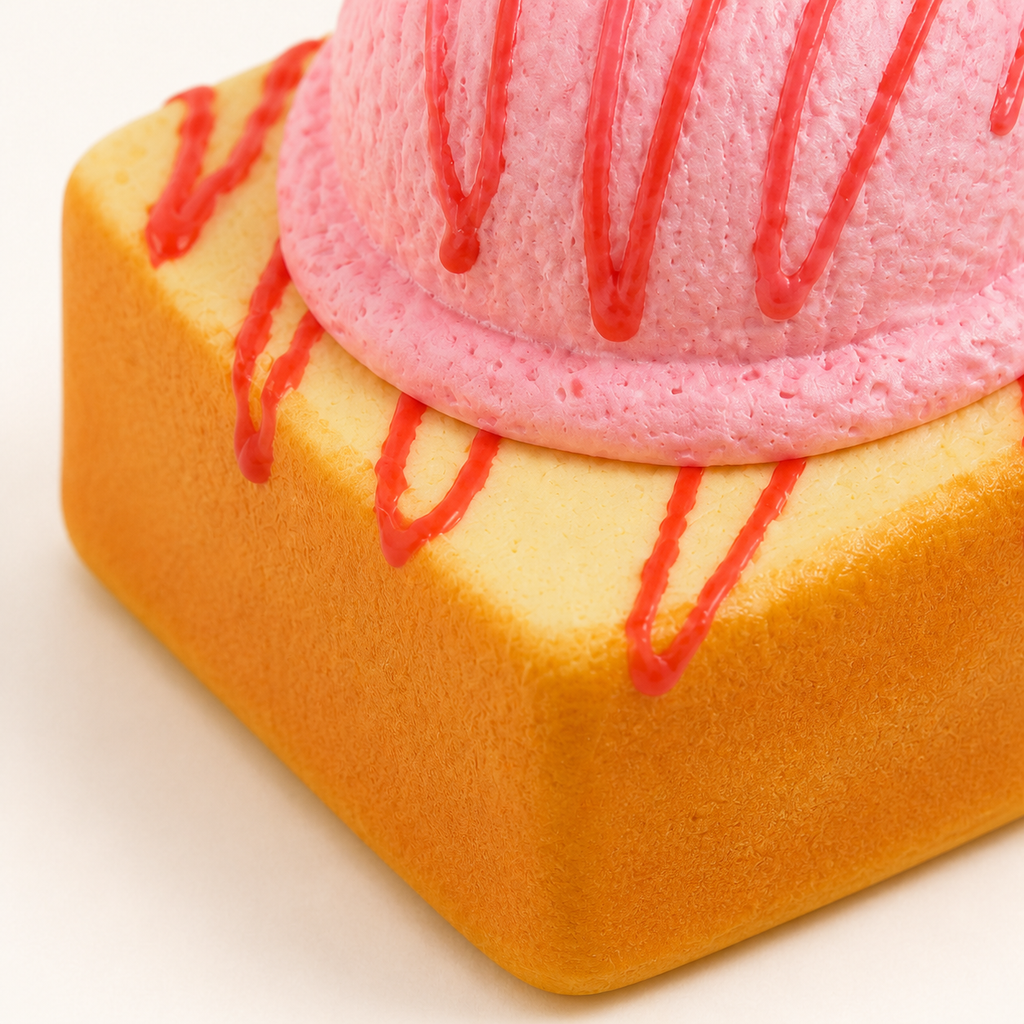 Close-up of the pink scoop, red drizzle and toast texture on the squishy