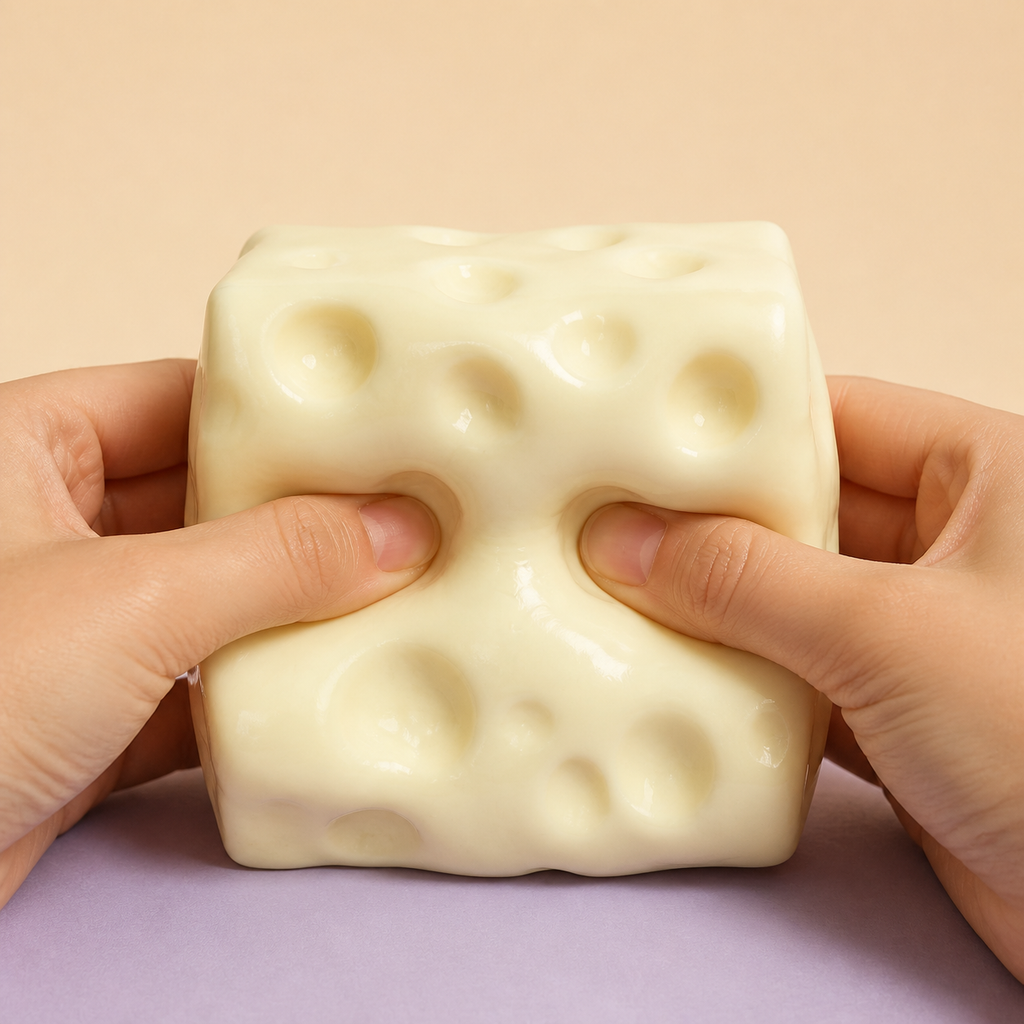 Hand gently squeezing the Jumbo Cheese Stretch Squishy