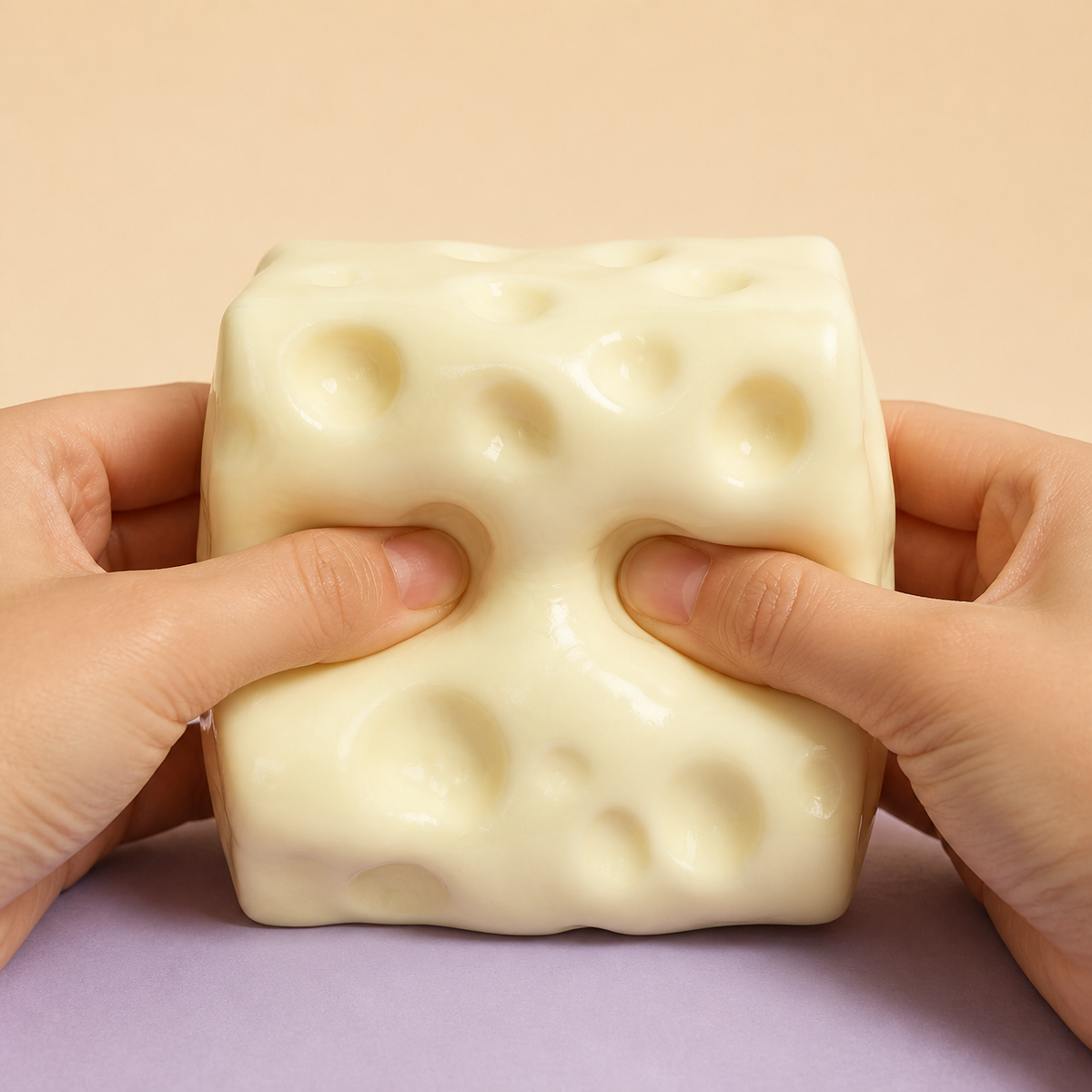 Hand gently squeezing the Jumbo Cheese Stretch Squishy