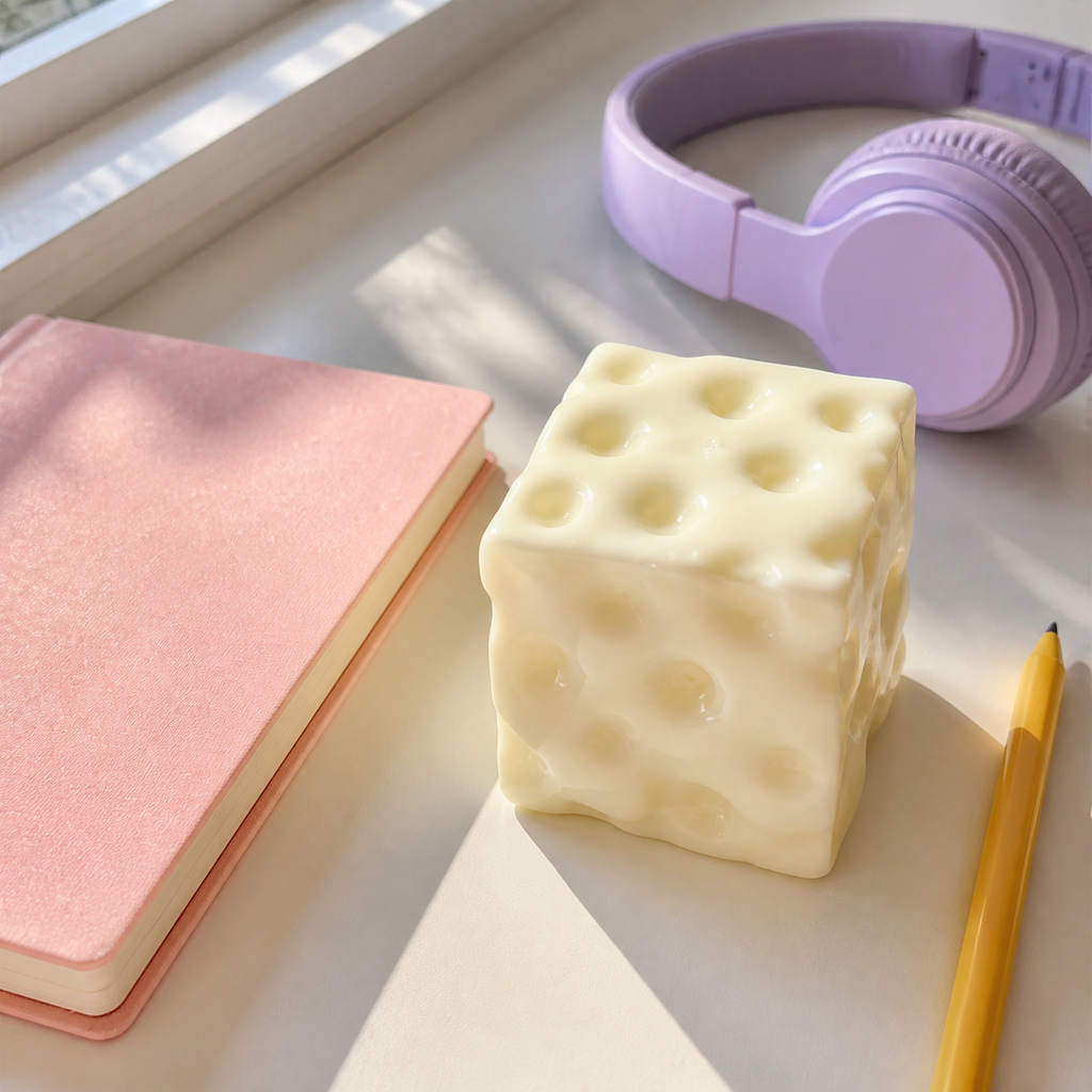 Jumbo Cheese Stretch Squishy on a creative desk