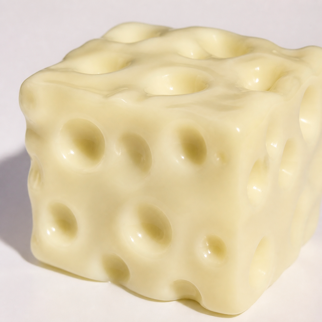 Close detail of the Jumbo Cheese Stretch Squishy rounded dimpled form