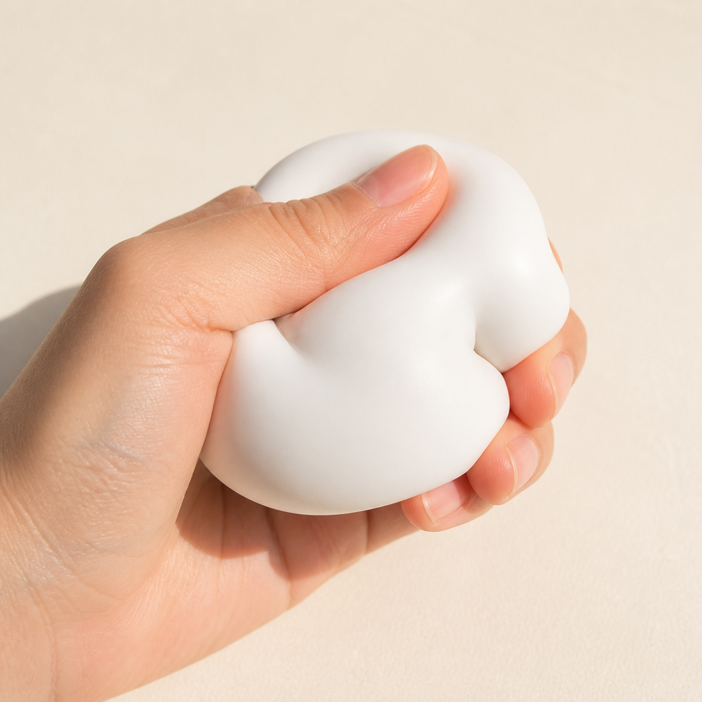 Hand gently squeezing the Soft White Bun Squeeze Ball