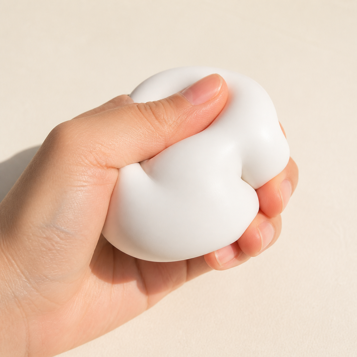 Hand gently squeezing the Soft White Bun Squeeze Ball