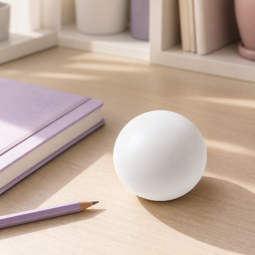 Soft White Bun Squeeze Ball on a study desk