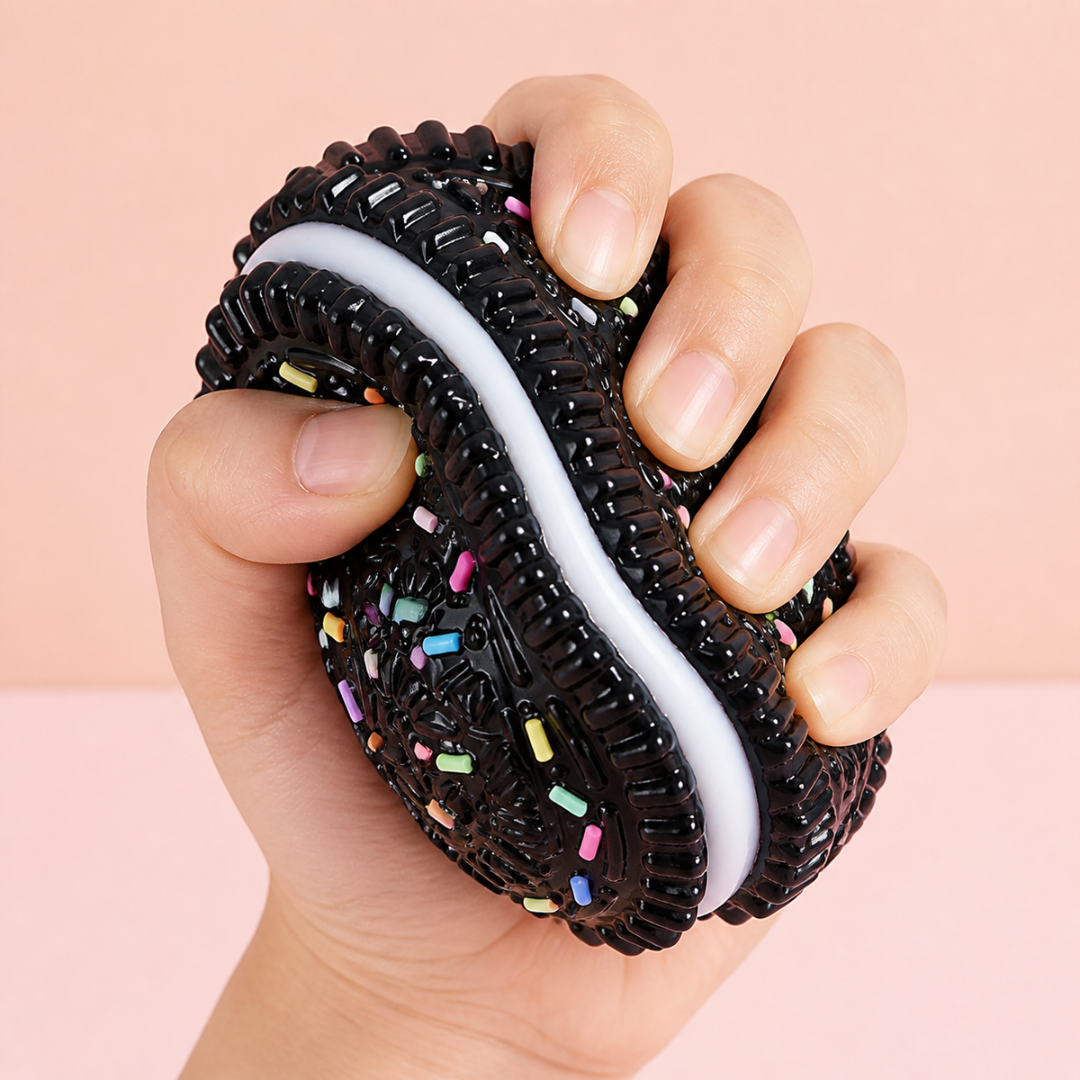 Hand gently squeezing the Sprinkle Cookie Stretch Squishy