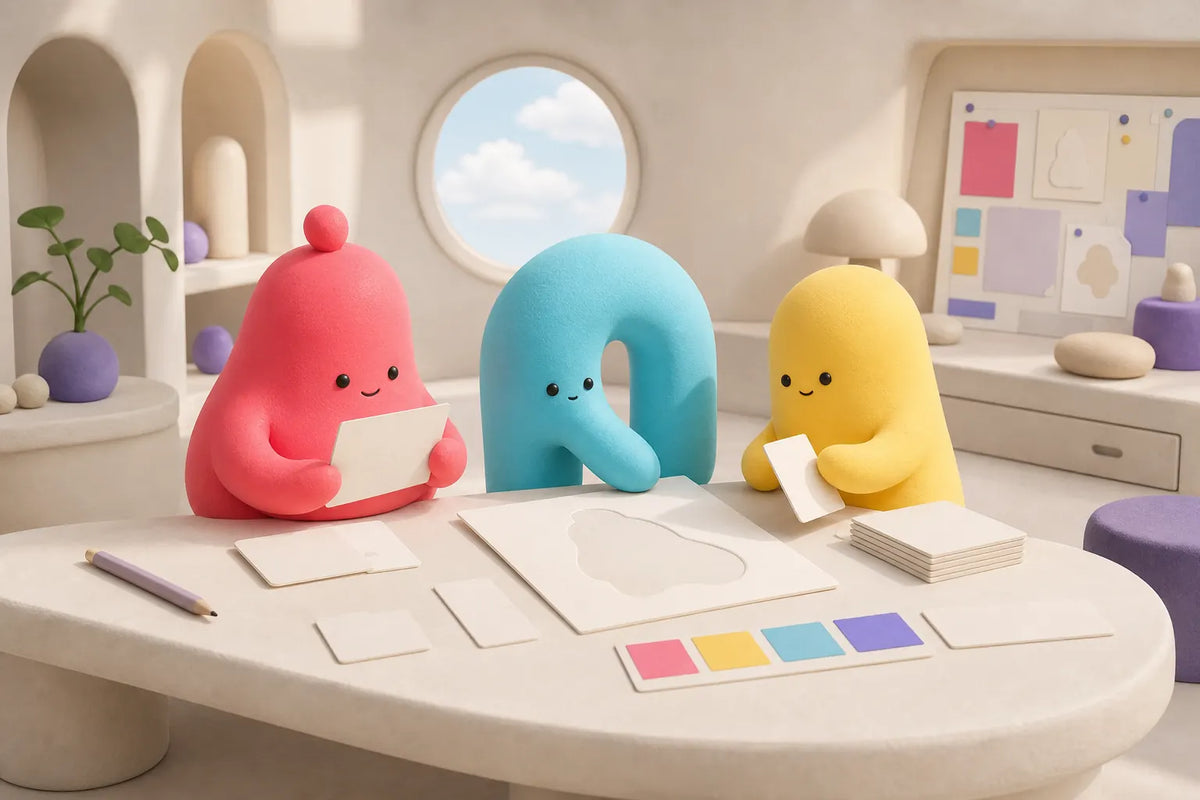 Three original Ssquishy Soft Club characters reviewing product cards in a tactile studio.