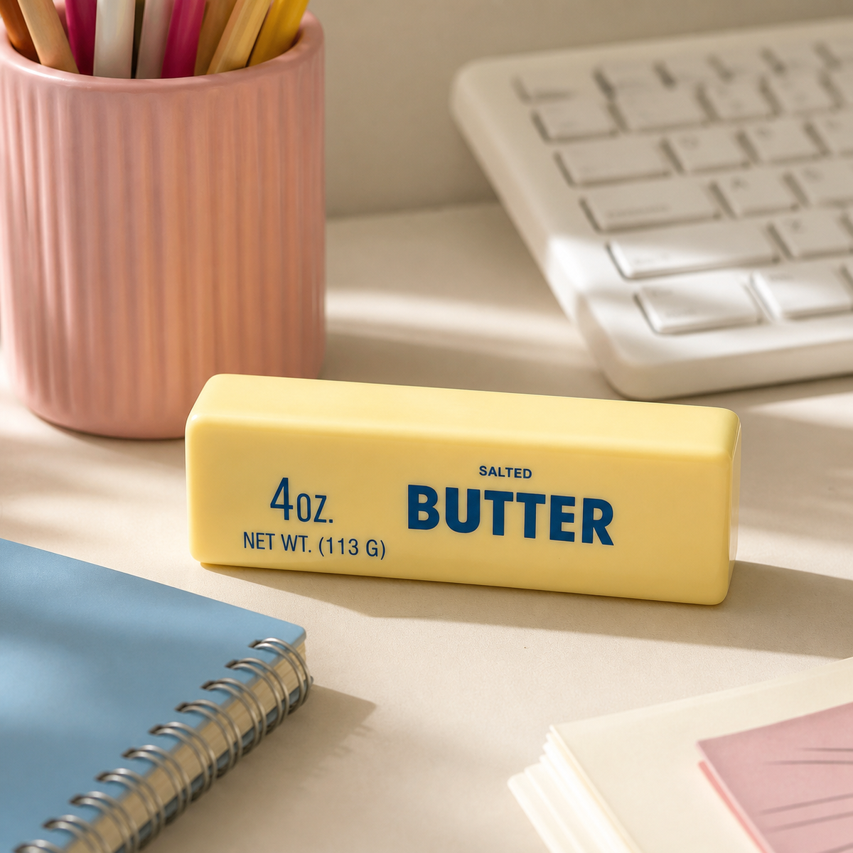 Classic butter stick slow-rise squishy on a bright desk beside a notebook