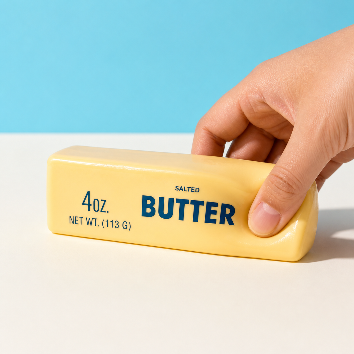 Adult hand gently pressing the classic butter stick slow-rise squishy