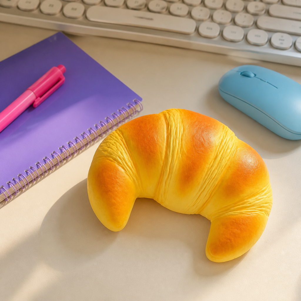 Croissant slow-rise squishy on a bright desk beside a notebook