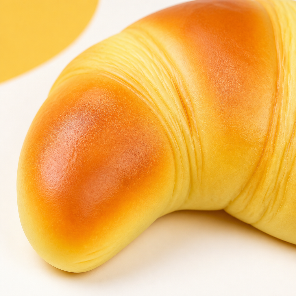 Close-up of the croissant squishy's folded grooves and shaded surface