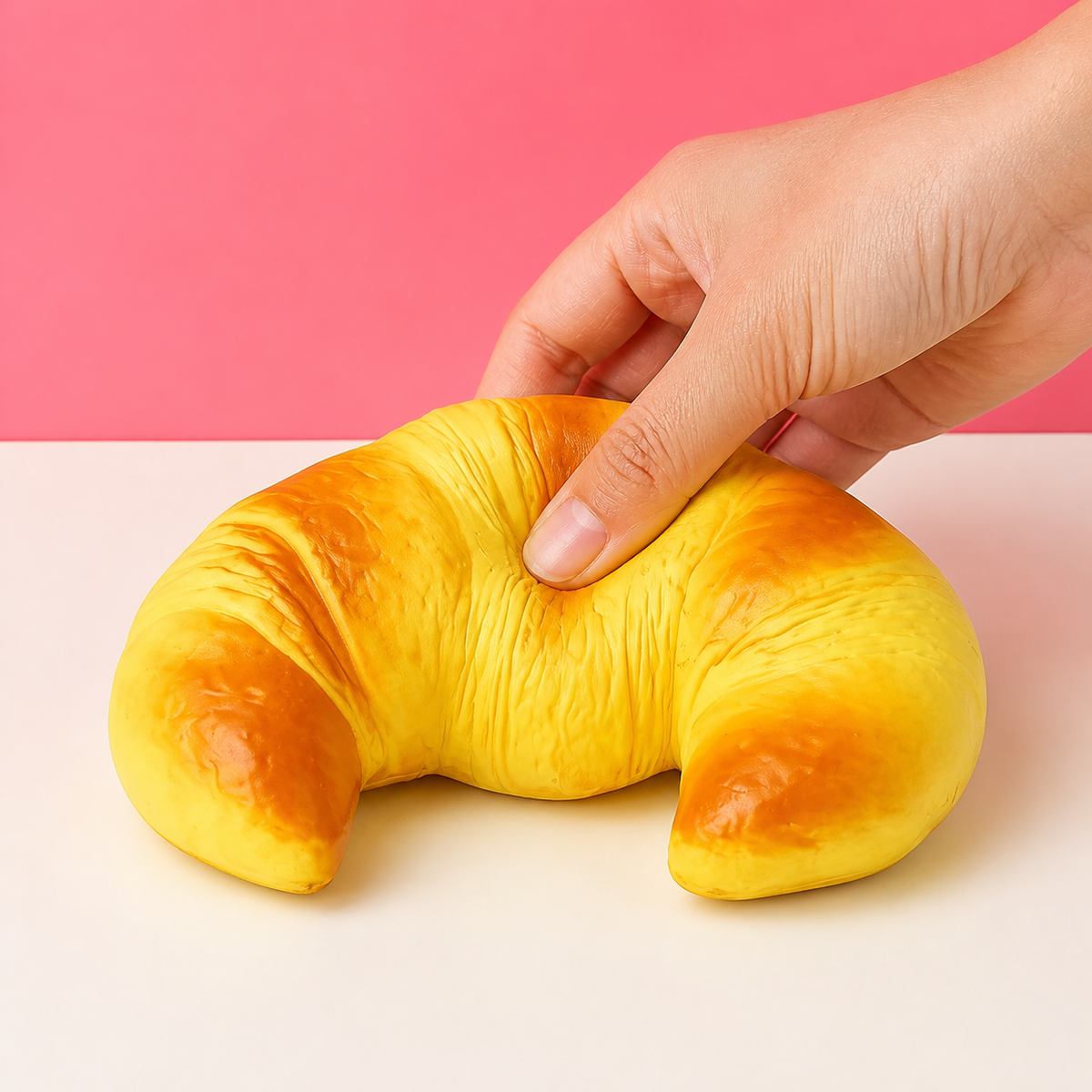 Adult hand gently pressing one lobe of the croissant slow-rise squishy