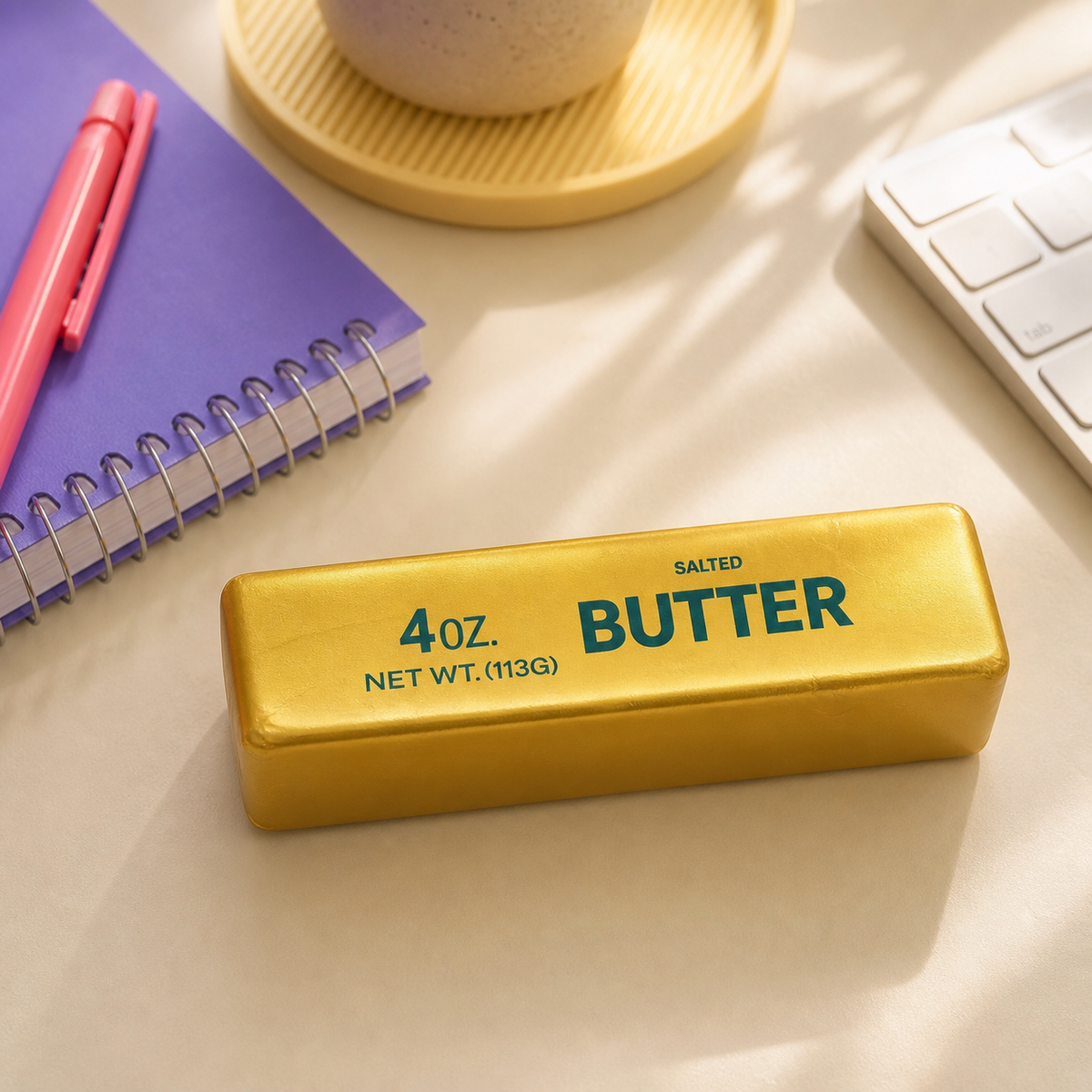Gold butter stick squishy on a bright desk beside a notebook