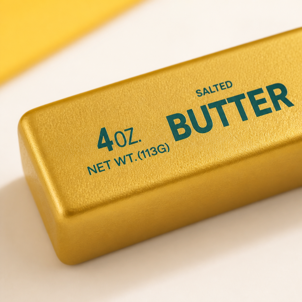 Close-up of the gold butter stick squishy's metallic finish and teal print