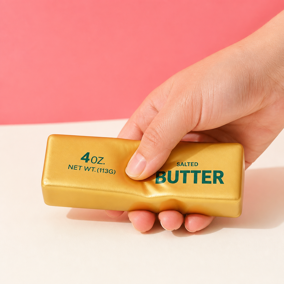 Adult hand gently pressing the gold butter stick squishy