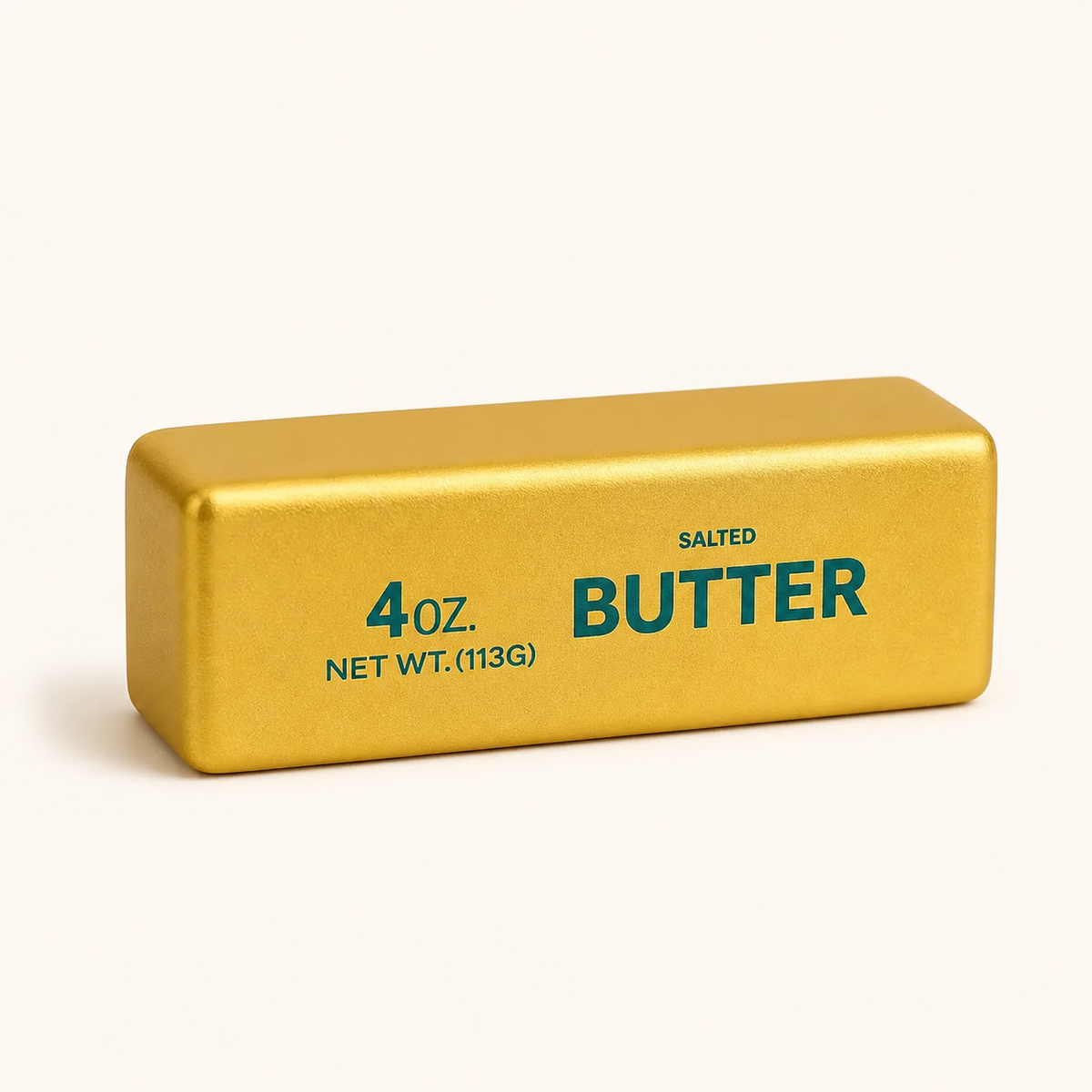 Gold butter stick squishy toy on a cream background